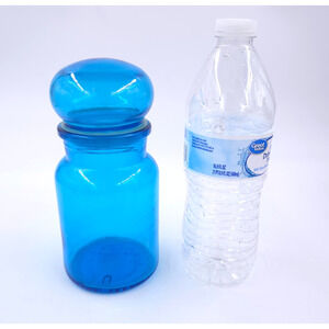 Vintage Blue Glass Apothecary Jar MCM Bubble Top Canister 7" Mid Century Modern